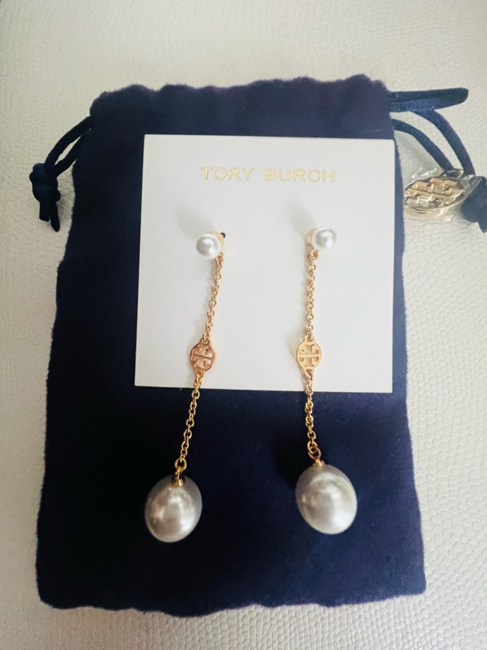 New with dust bag Tory Burch Gold Pearl Drop Earrings w Logo Accent Retail $109
